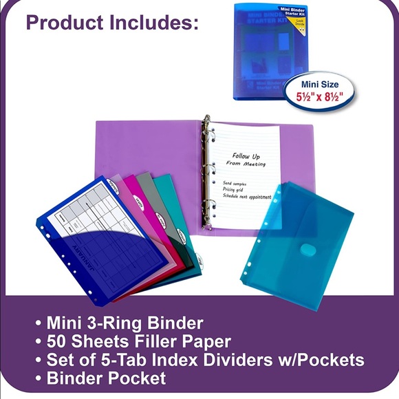 NWT C-Line Mini Binder Starter Kit,Includes Binder, Dividers,Paper, & Pocket - Picture 3 of 3